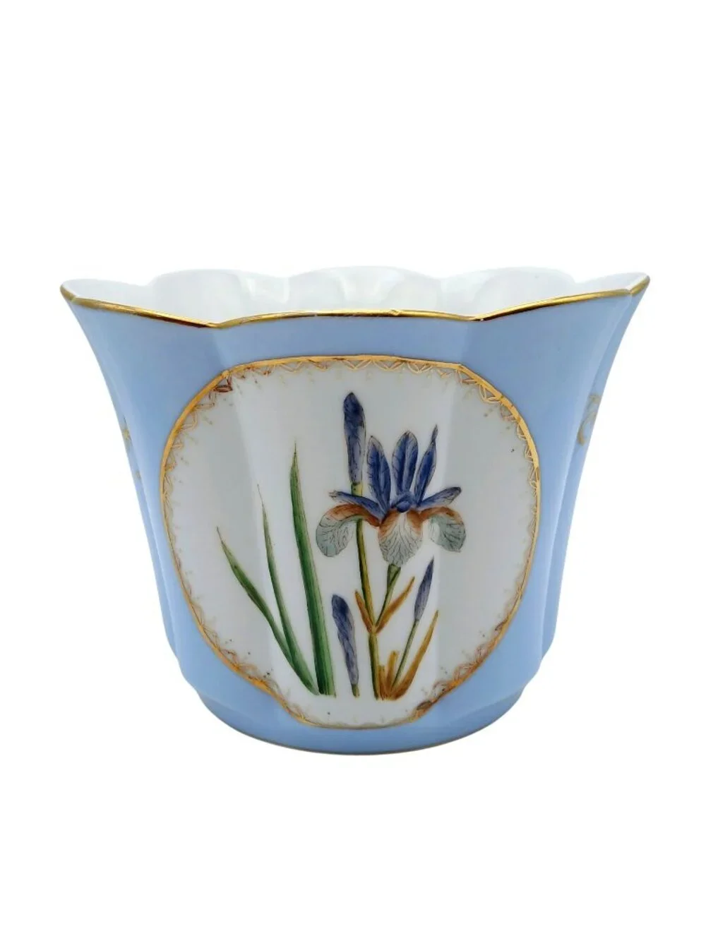 Vintage Blue Iris Cachepot Planter Scalloped Gold Trim Porcelain 5 in